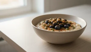 Nahaufnahme einer Schale warmen Hafer-Leinsamen-Porridge im 45-Grad-Winkel, getoppt mit Blaubeeren und Kürbiskernen.