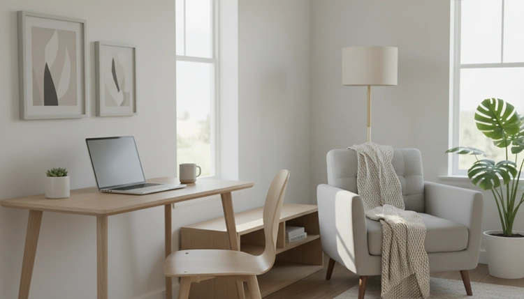 Ein ordentlicher und harmonischer Home-Office-Bereich, der eine gesunde Balance zwischen Arbeit und Privatleben visualisiert.