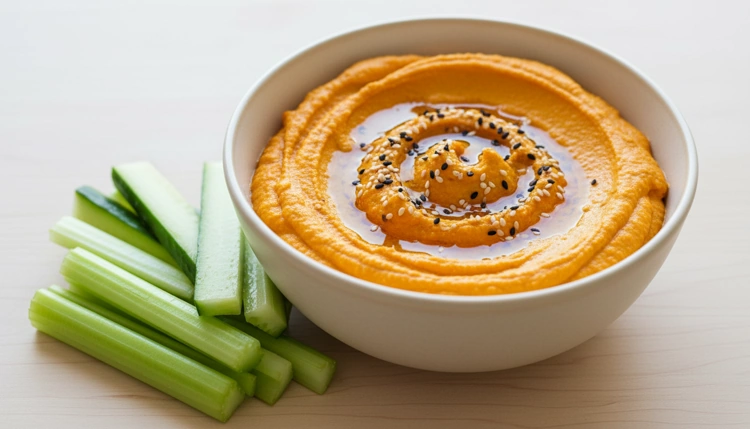 Cremiges, orangefarbenes Ofen-Karotten-Hummus garniert mit Sesam, aufgenommen im 45-Grad-Winkel.