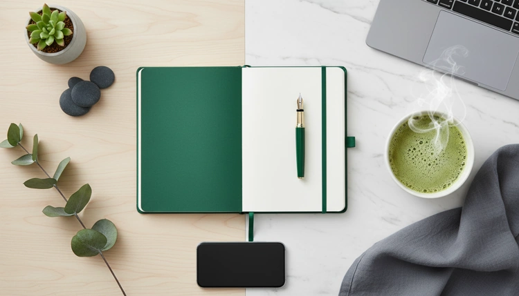 Achtsamer Arbeitsplatz aus der Vogelperspektive mit einem grünen Notizbuch, Füller, Matcha-Tee und Smartphone für eine Kooperation auf dem Blog.