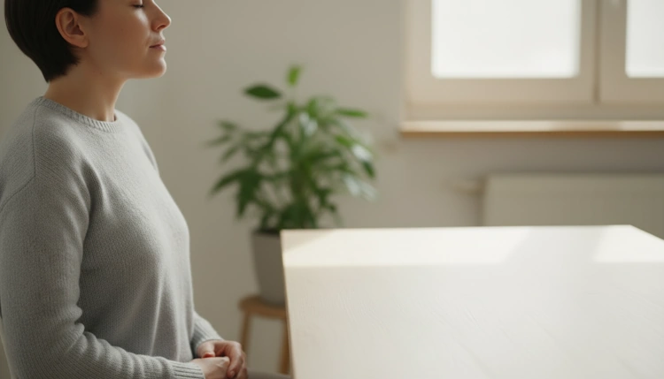 Frau macht eine kurze Atemübung bzw. Meditation am Schreibtisch.