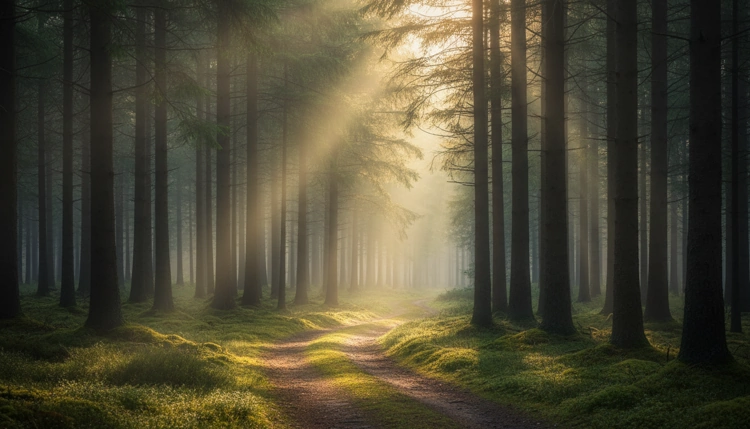 Ein einsamer, friedlicher Waldweg im Nebel mit warmen Sonnenstrahlen, der einlädt, das Leben zu entschleunigen.