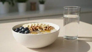 Eine liebevoll angerichtete Haferflocken-Frühstücksschale mit frischen Blaubeeren, Bananenscheiben, Nüssen und Samen neben einem Glas klarem Wasser.