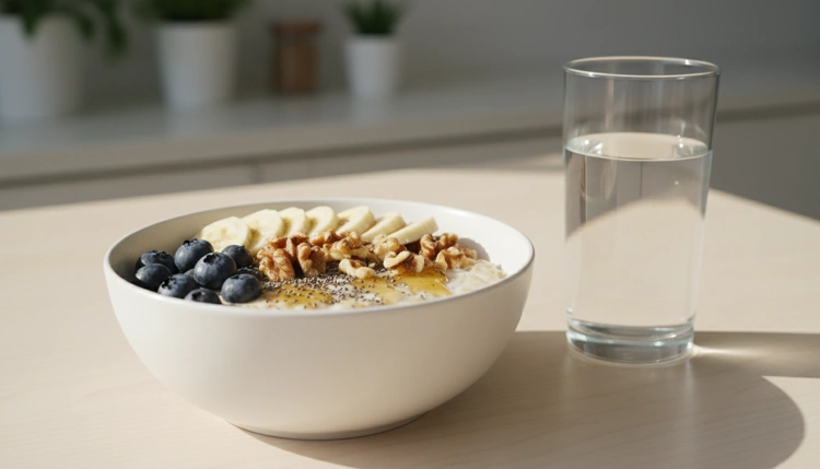 Eine liebevoll angerichtete Haferflocken-Frühstücksschale mit frischen Blaubeeren, Bananenscheiben, Nüssen und Samen neben einem Glas klarem Wasser.