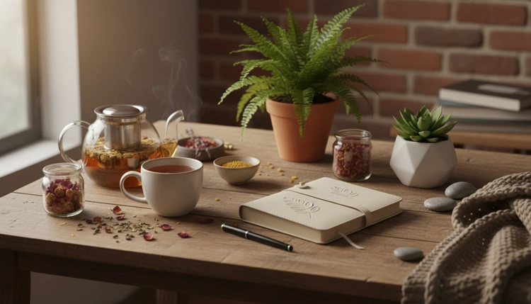 Ästhetische Alltagshelfer und Inspirationen wie ein Journal, Kräutertee und Pflanzen für einen gesunden Lebensstil auf der Lieblingsteile-Seite.