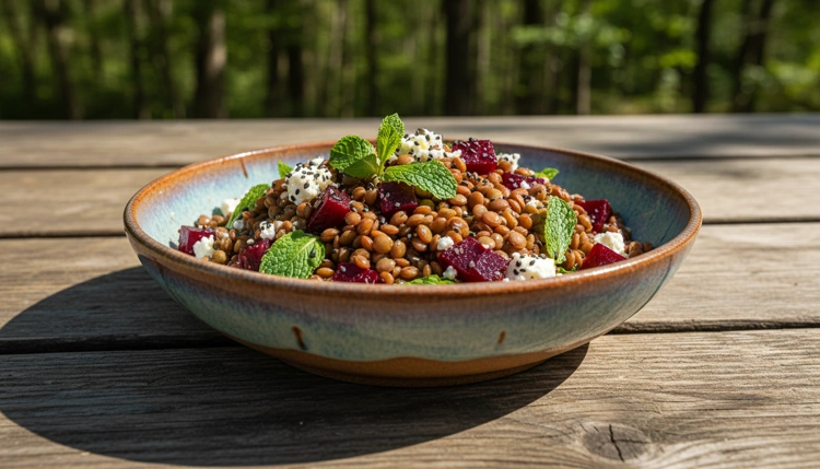 Linsensalat mit Rote Bete Würfeln und frischer Minze in einer Schale auf einem Holztisch, fotografiert im 45-Grad-Winkel.