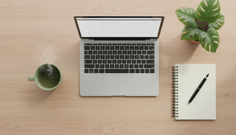 Ein geordneter, heller Arbeitsplatz mit Laptop, einer Tasse Tee und einer Pflanze – bereit für professionelle Kooperationen und Partnerschaften.