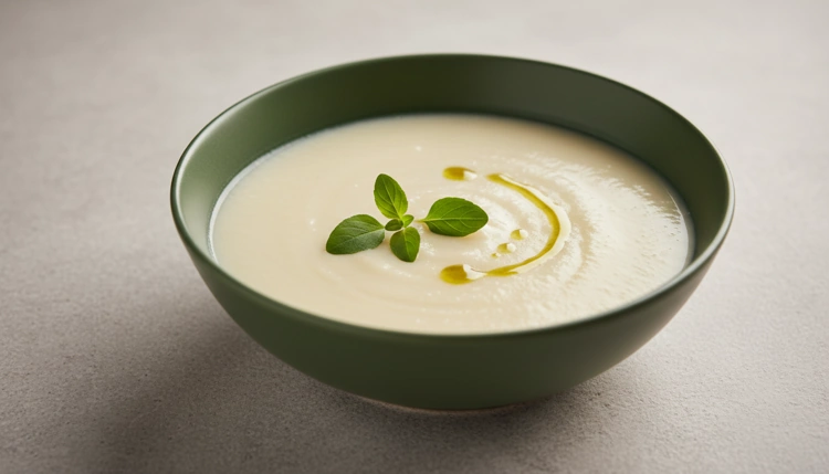 Nahaufnahme einer cremigen Pastinaken-Apfel-Suppe im 45-Grad-Winkel, garniert mit frischem Majoran in einer grünen Schale.