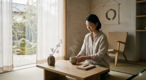 Eine Frau sitzt achtsam an einem Holztisch in einem minimalistischen japanischen Raum mit einer dampfenden Teetasse und einem Notizbuch.