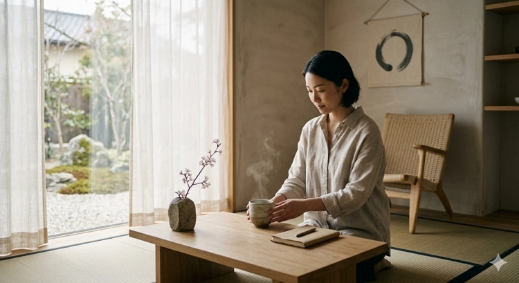 Eine Frau sitzt achtsam an einem Holztisch in einem minimalistischen japanischen Raum mit einer dampfenden Teetasse und einem Notizbuch.