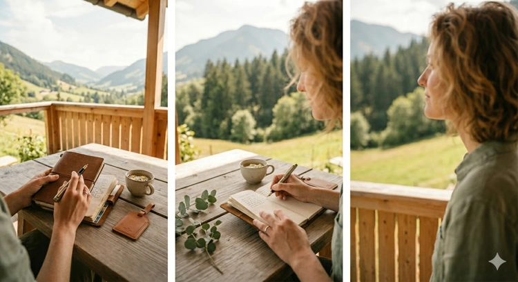 Person schreibt während einer Slow-Travel-Reise auf einem Holzbalkon mit Blick auf die Alpen in ein Notizbuch.