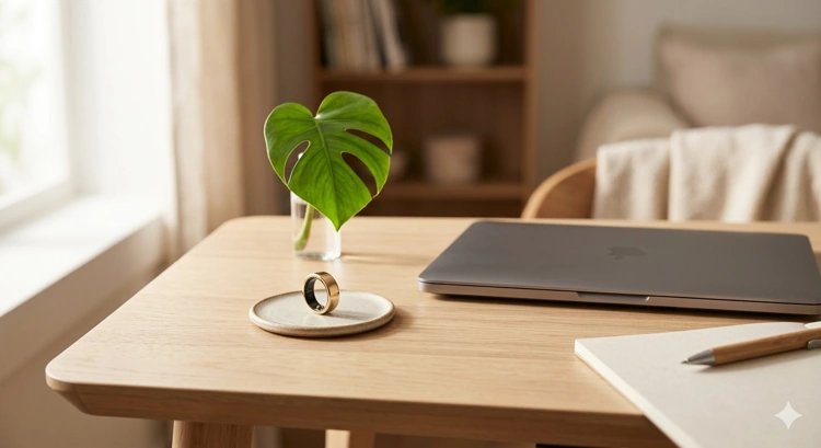 Ein goldener Smart Ring auf einer kleinen Keramikschale auf einem aufgeräumten Holzschreibtisch neben einem Laptop, symbolisiert moderne Gesundheitsanalyse.