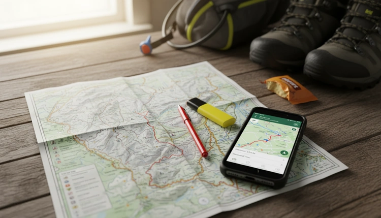 Eine Wanderkarte und ein Smartphone mit einer Wander-App liegen flach auf einem Holztisch, bereit für die Routenplanung.