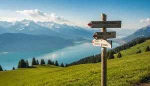 Rustikaler hölzerner Wegweiser auf einer sonnigen Bergwiese mit weitem Blick über den glitzernden Bodensee und die Alpen im D-A-CH-Dreiländereck.