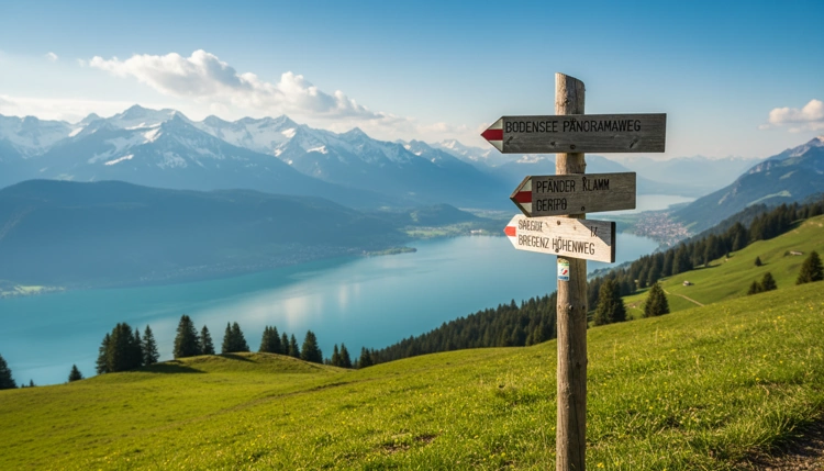 Rustikaler hölzerner Wegweiser auf einer sonnigen Bergwiese mit weitem Blick über den glitzernden Bodensee und die Alpen im D-A-CH-Dreiländereck.