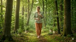 Eine Frau geht barfuß und lächelnd einen bemoosten Waldweg entlang, eine Hand liegt entspannt auf ihrem Herzen für achtsames Wandern.