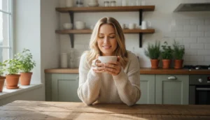 Eine junge Frau sitzt lächelnd an einem hellen Holztisch, hält eine Tasse warmen Tee und genießt ein Gefühl von Leichtigkeit und Darm-Wohlbefinden.