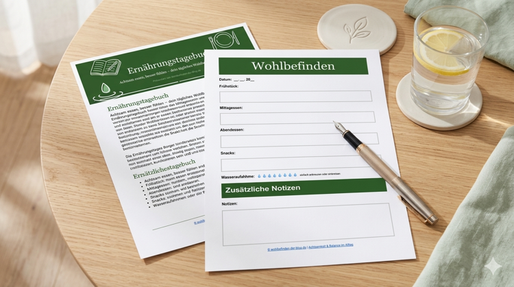 Gedruckte PDF-Vorlage des Ernährungstagebuchs auf Holztisch mit Füller und Wasserglas
