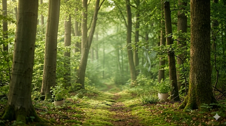 Ein friedlicher, lichtdurchfluteter Waldweg mit weichem Moosboden, der die beruhigende Wirkung des Waldbadens visualisiert.