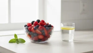Glas-Schale mit frischen, bunten Beeren (Himbeeren, Blaubeeren, Erdbeeren) auf einer hellen, sauberen Küchenarbeitsplatte oder rustikalem Holztisch. Daneben liegt ein frisches Minzblatt und ein Glas klares Wasser mit einer Zitronenscheibe. Im Hintergrund ist Tageslicht, das eine freundliche und einladende Atmosphäre schafft.