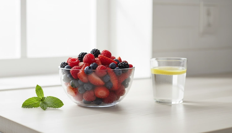 Glas-Schale mit frischen, bunten Beeren (Himbeeren, Blaubeeren, Erdbeeren) auf einer hellen, sauberen Küchenarbeitsplatte oder rustikalem Holztisch. Daneben liegt ein frisches Minzblatt und ein Glas klares Wasser mit einer Zitronenscheibe. Im Hintergrund ist Tageslicht, das eine freundliche und einladende Atmosphäre schafft.