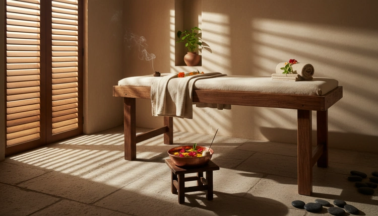 Ein ruhiger Ayurveda-Behandlungsraum mit Kupferschale, ätherischen Ölen und Blumenblüten als Symbol für ganzheitliche Entspannung.