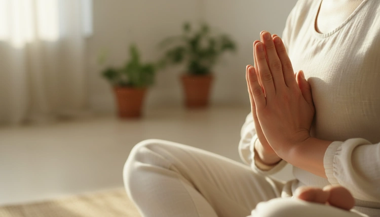 Nahaufnahme einer Person bei einer achtsamen Yoga-Übung zur Förderung der Körperwahrnehmung.
