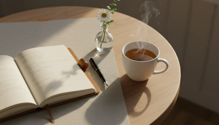 Ein persönliches Journaling-Ritual mit Tee auf einem Tisch als Symbol für emotionale Selbstfürsorge.