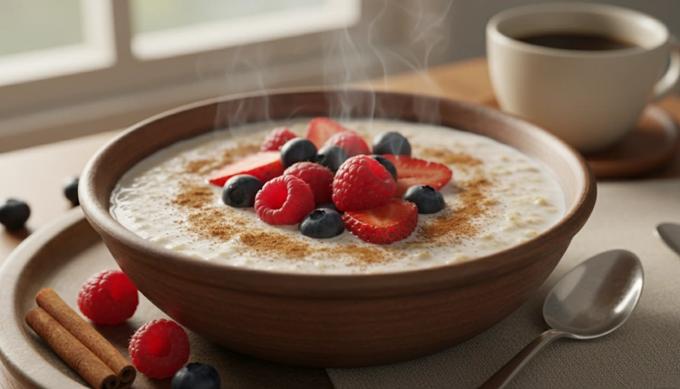 Eine Schale cremiger Porridge mit Beeren garniert, ansprechend angerichtet als gesundes Frühstück