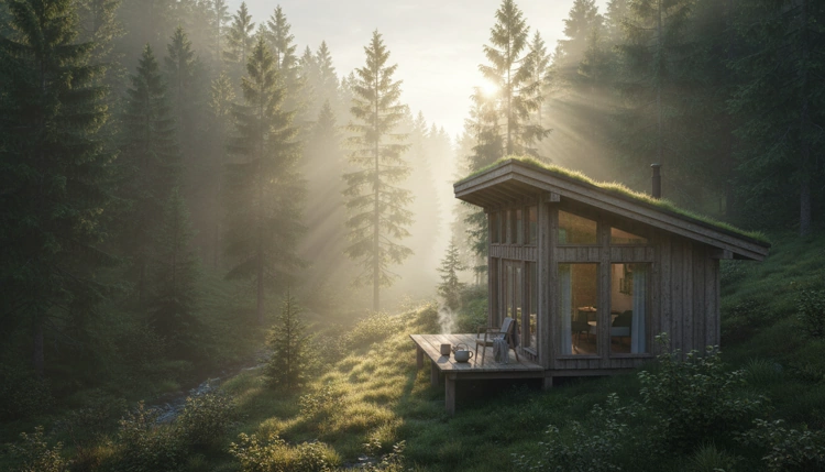 Eine gemütliche, nachhaltige Holzhütte im nebligen Waldtal bei Sonnenaufgang als Symbol für eine bewusste Auszeit.