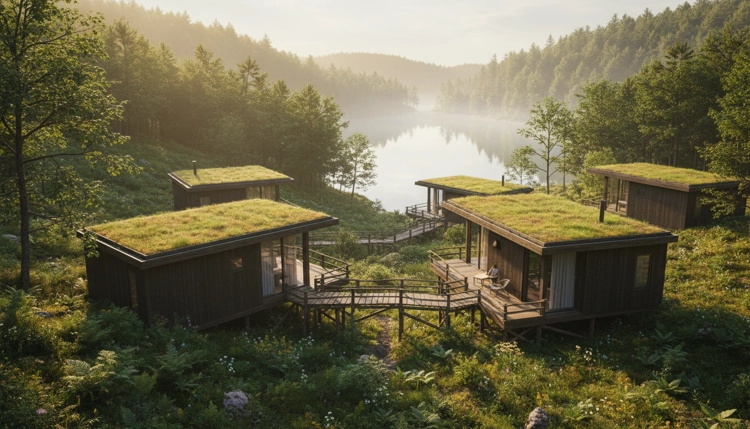 Ein verstecktes Eco-Refugium inmitten eines grünen Waldtals als Ort der Stille und Entschleunigung.