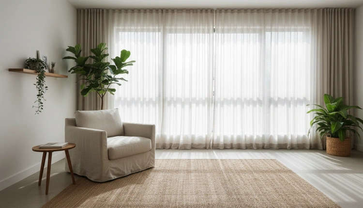 Helles, minimalistisches Wohnzimmer mit großen Fenstern und Pflanzen als Symbol für Slow Home und Entschleunigung.
