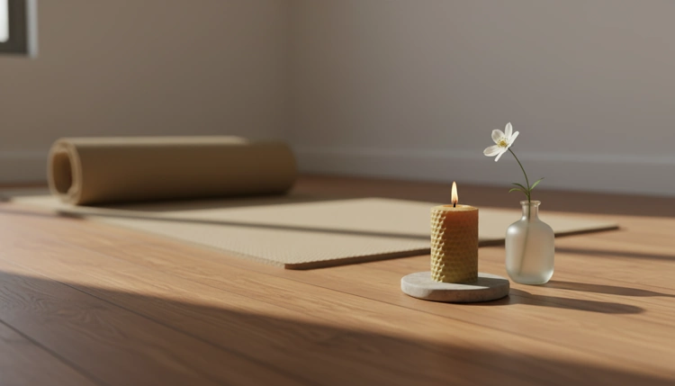 Ein minimalistischer Meditationsbereich mit Yogamatte und einer brennenden Kerze als Symbol für innere Einkehr.